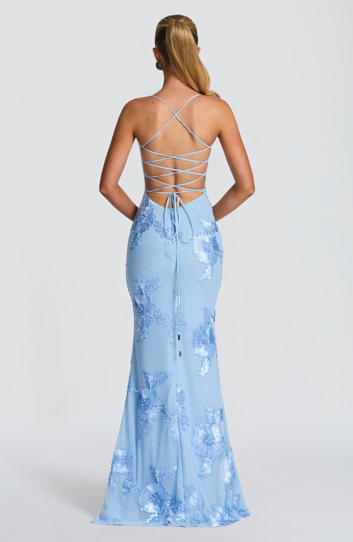 L.F Women's Dress Maxi Corset Glacier Blue Mesh Applique Formal