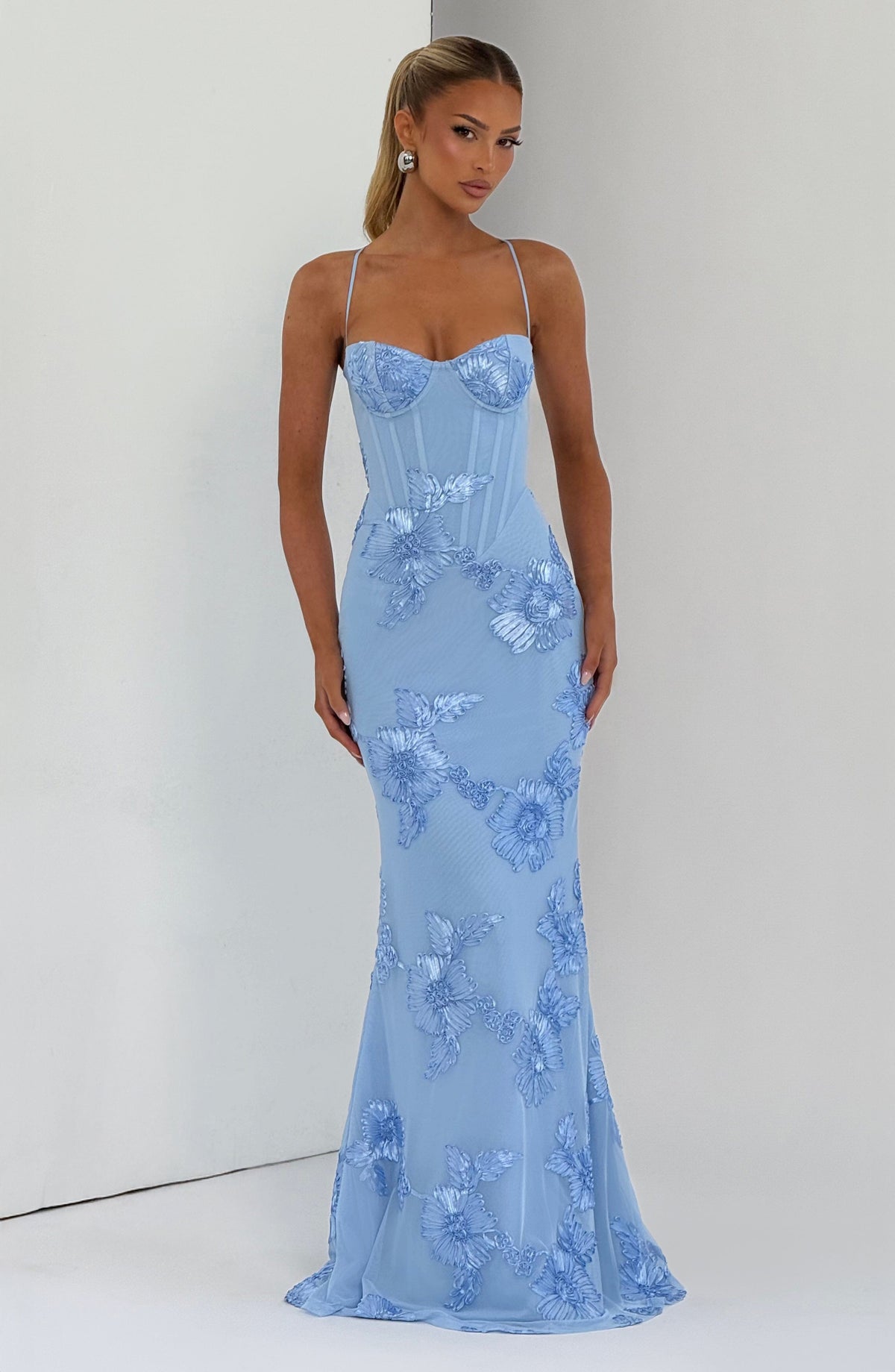 L.F Women's Dress Maxi Corset Glacier Blue Mesh Applique Formal