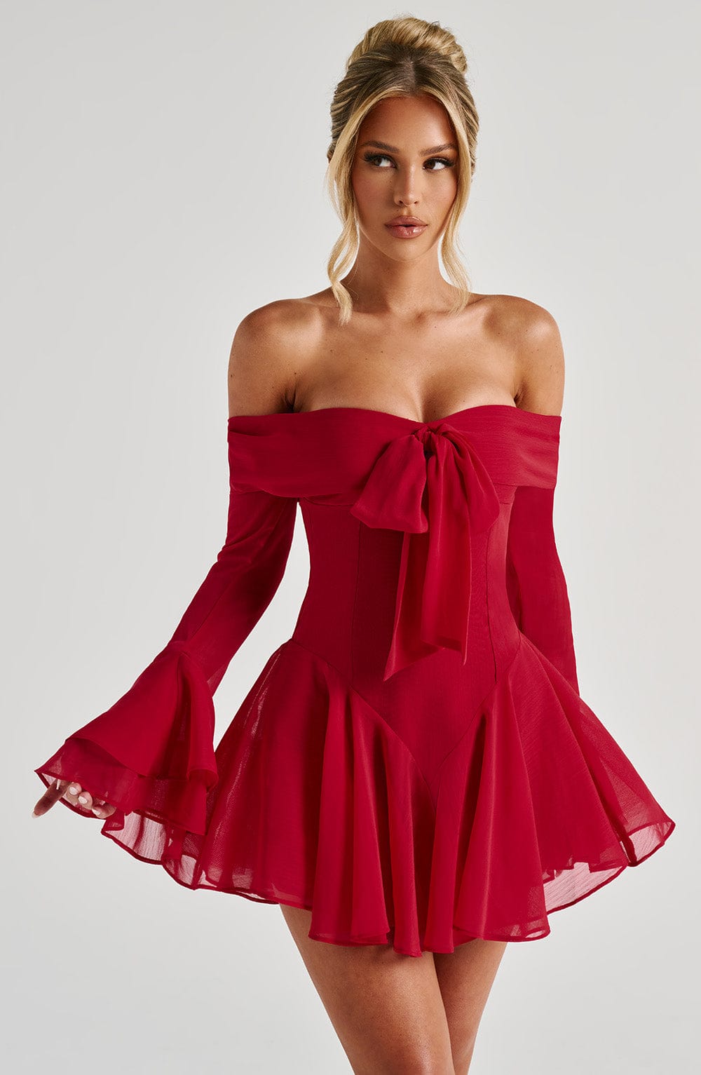 Women's Dress Bardot Playsuit Red Chiffon Evening Party