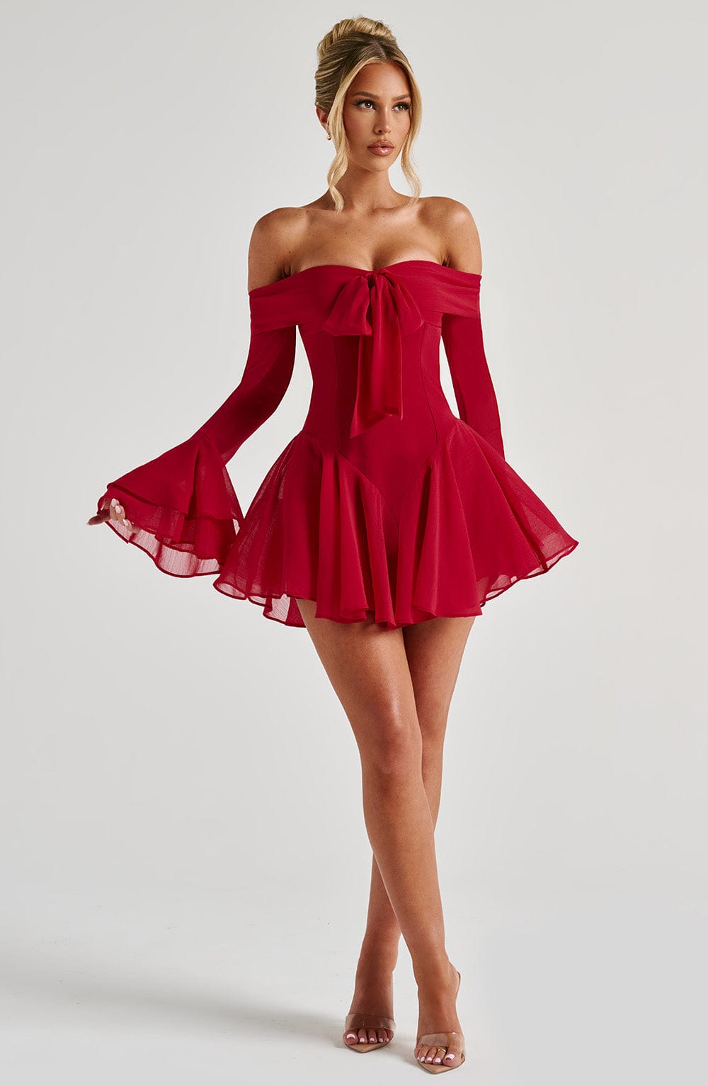 Women's Dress Bardot Playsuit Red Chiffon Evening Party
