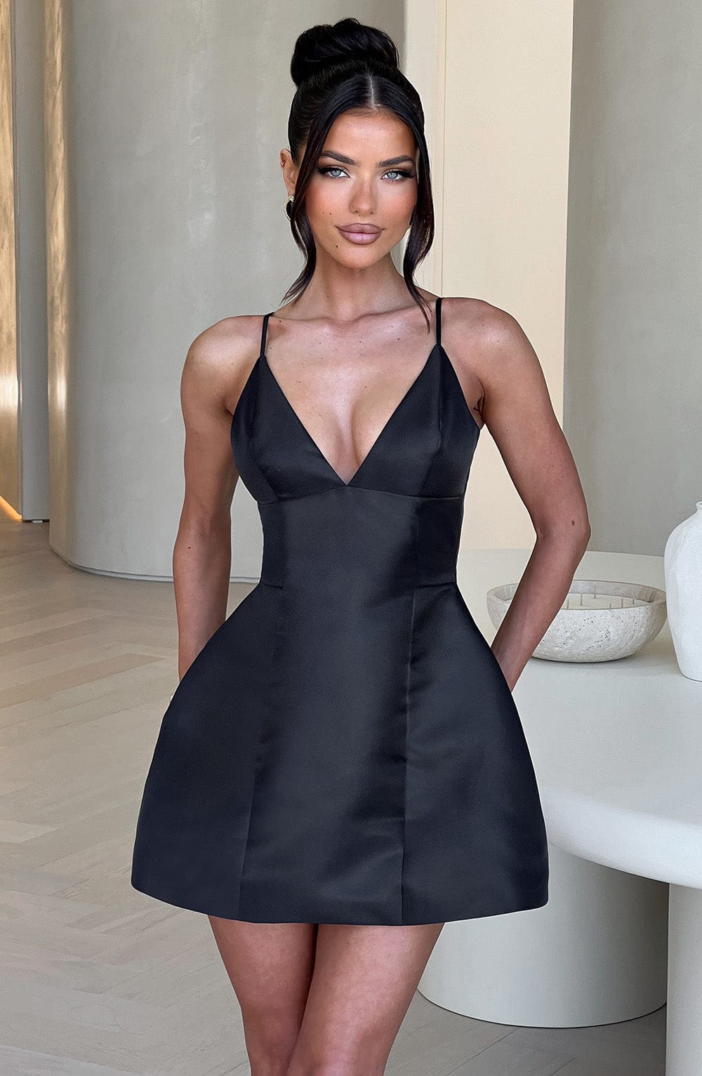 M.T Women's Dress Nicole Bubble Hem Black Satin Party