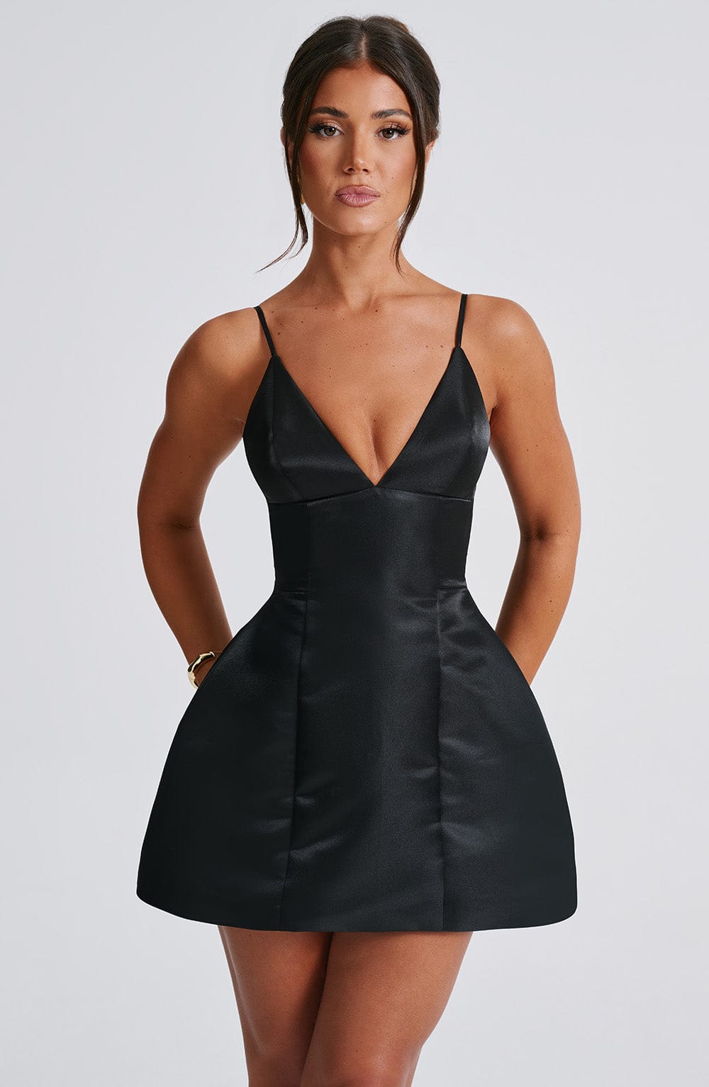 M.T Women's Dress Nicole Bubble Hem Black Satin Party