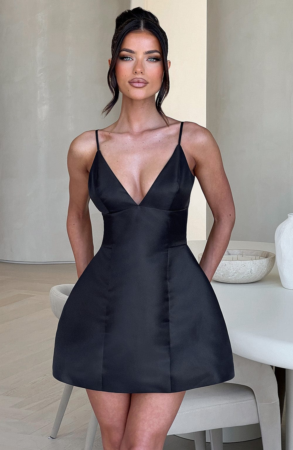 M.T Women's Dress Nicole Bubble Hem Black Satin Party