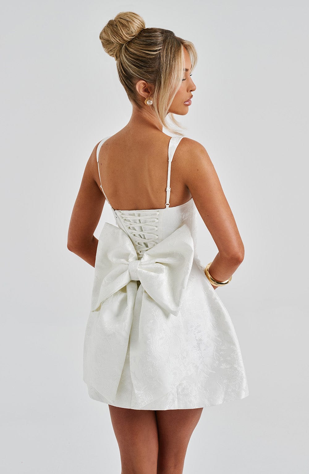 Women's Mini Dress Square Neck Ivory Jacquard Bow Party