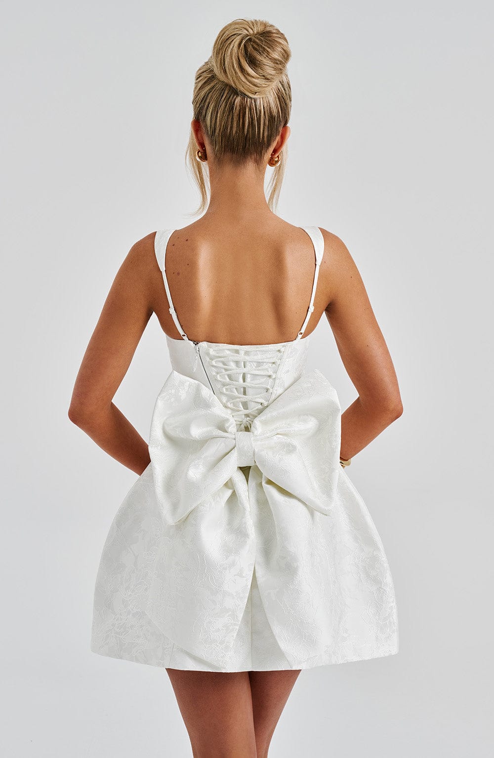 Women's Mini Dress Square Neck Ivory Jacquard Bow Party