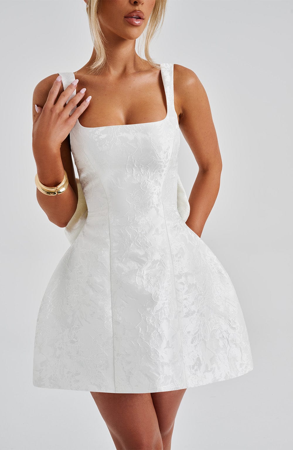 Women's Mini Dress Square Neck Ivory Jacquard Bow Party