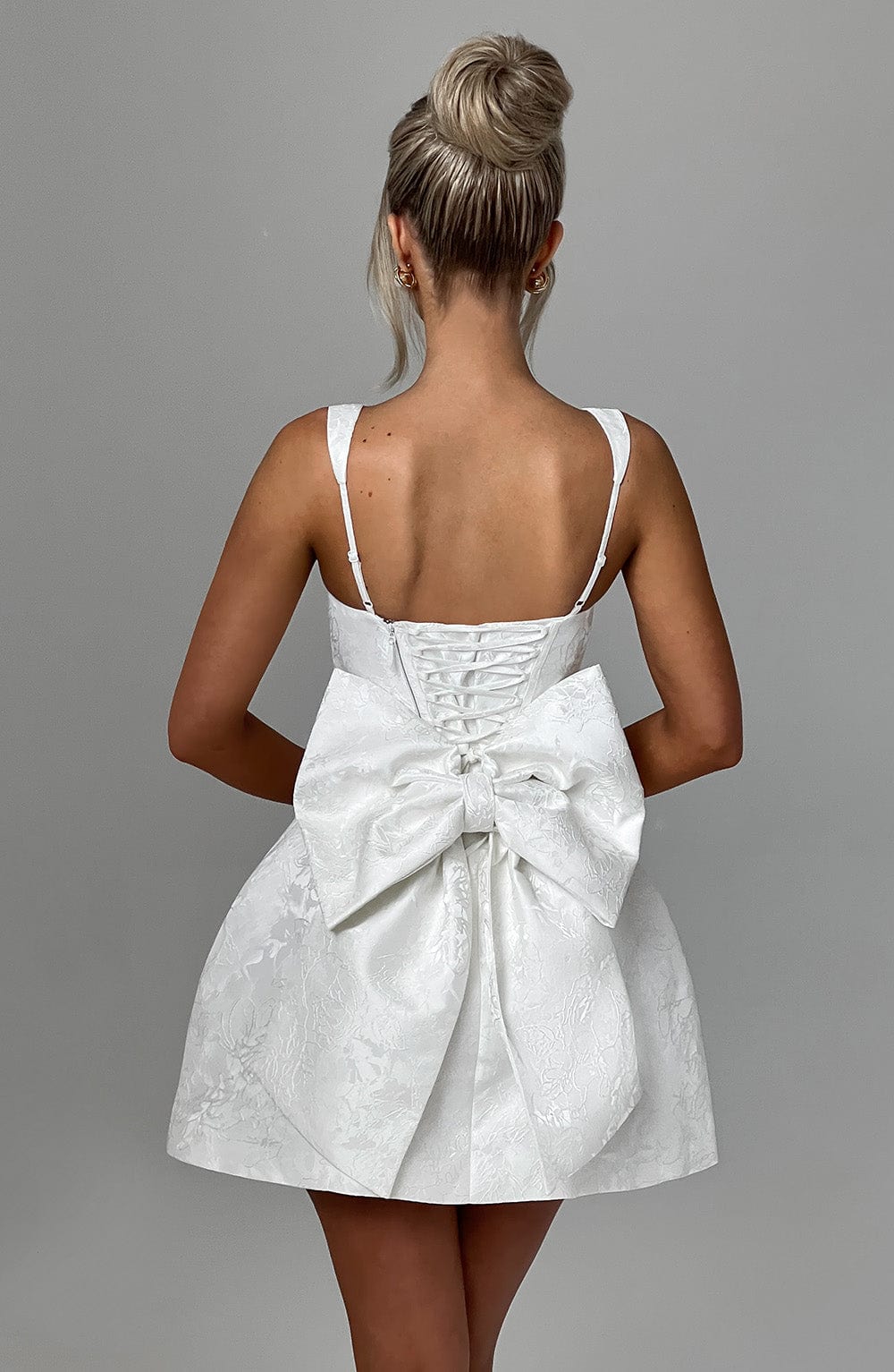 Women's Mini Dress Square Neck Ivory Jacquard Bow Party