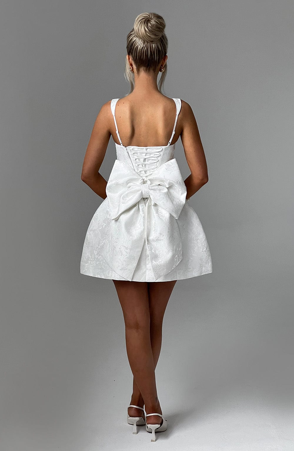 Women's Mini Dress Square Neck Ivory Jacquard Bow Party