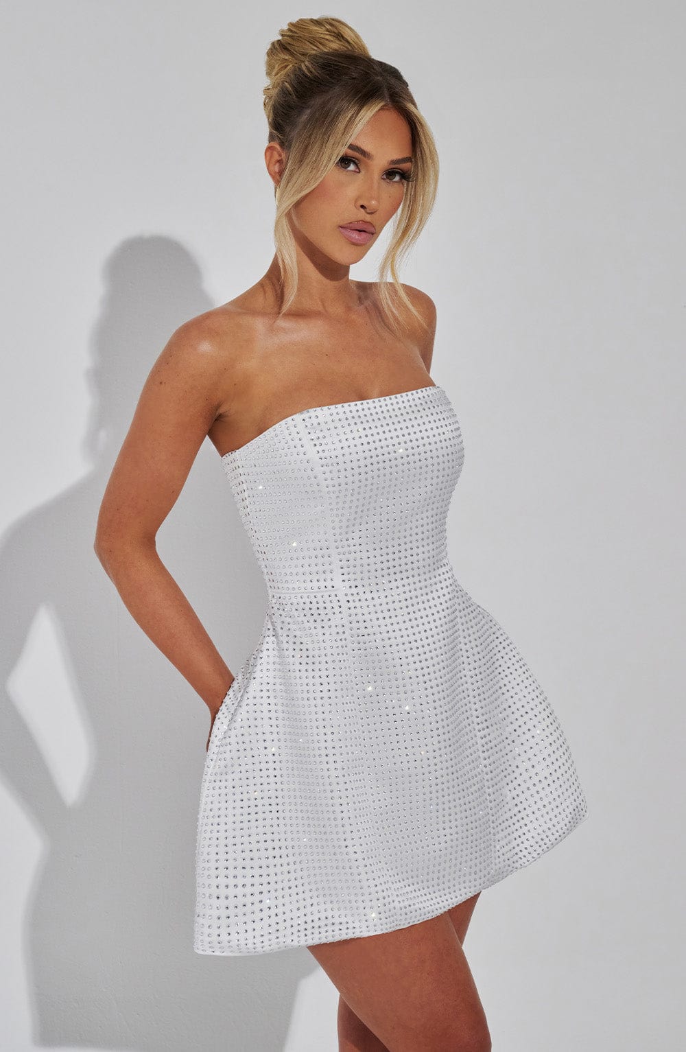 R.F Women's Dress Paloma Bubble Hem Ivory Embellished Satin Party