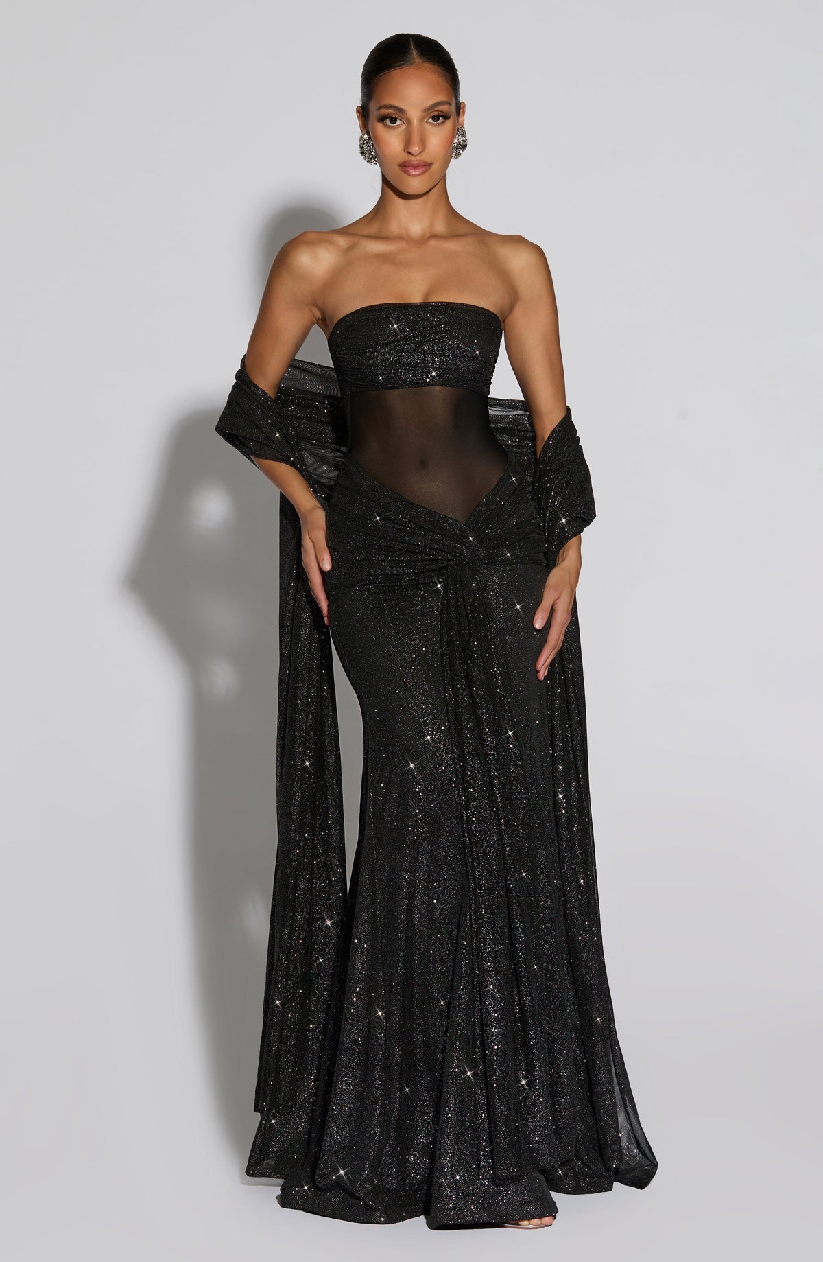 L.F Women's Dress Ruched Fit and Flare Black Sparkle Glitter Mesh Evening