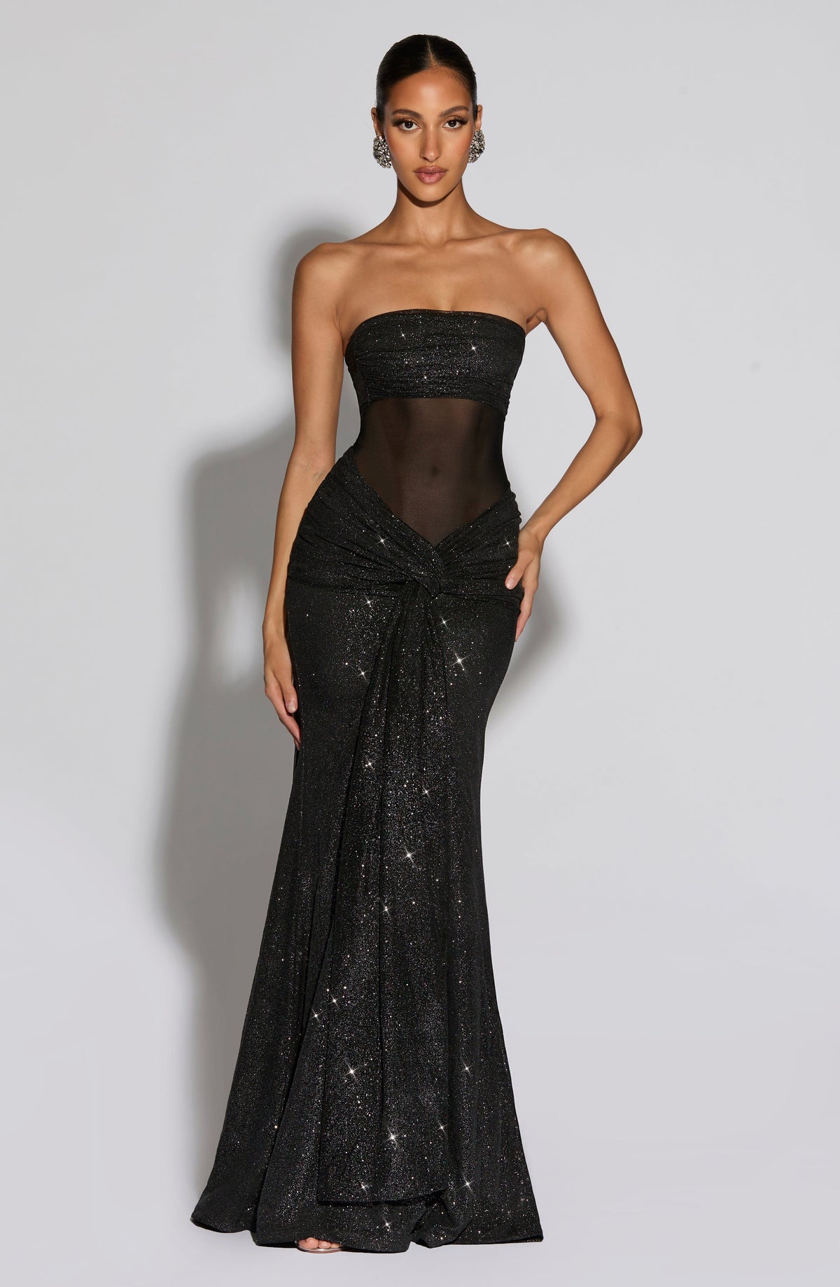 L.F Women's Dress Ruched Fit and Flare Black Sparkle Glitter Mesh Evening