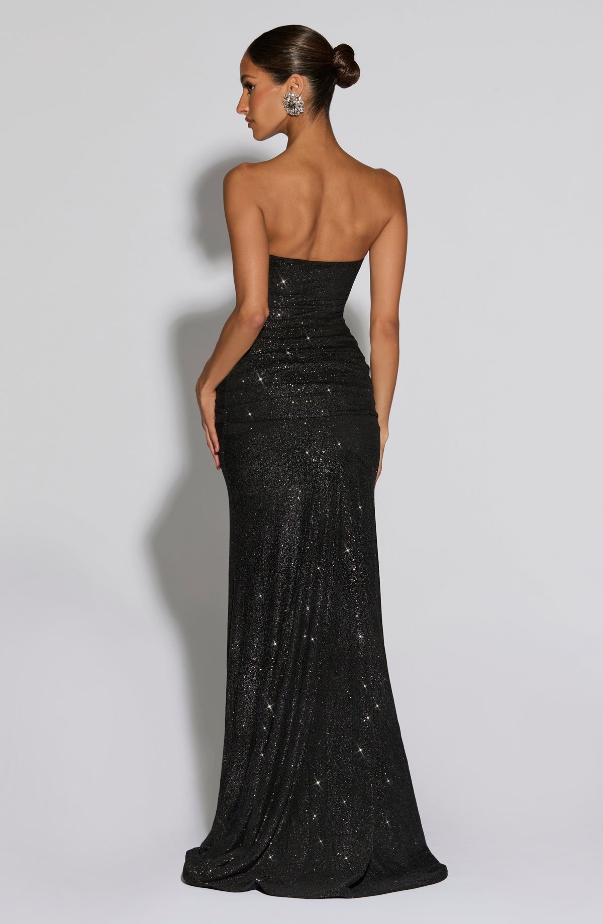 L.F Women's Dress Ruched Fit and Flare Black Sparkle Glitter Mesh Evening