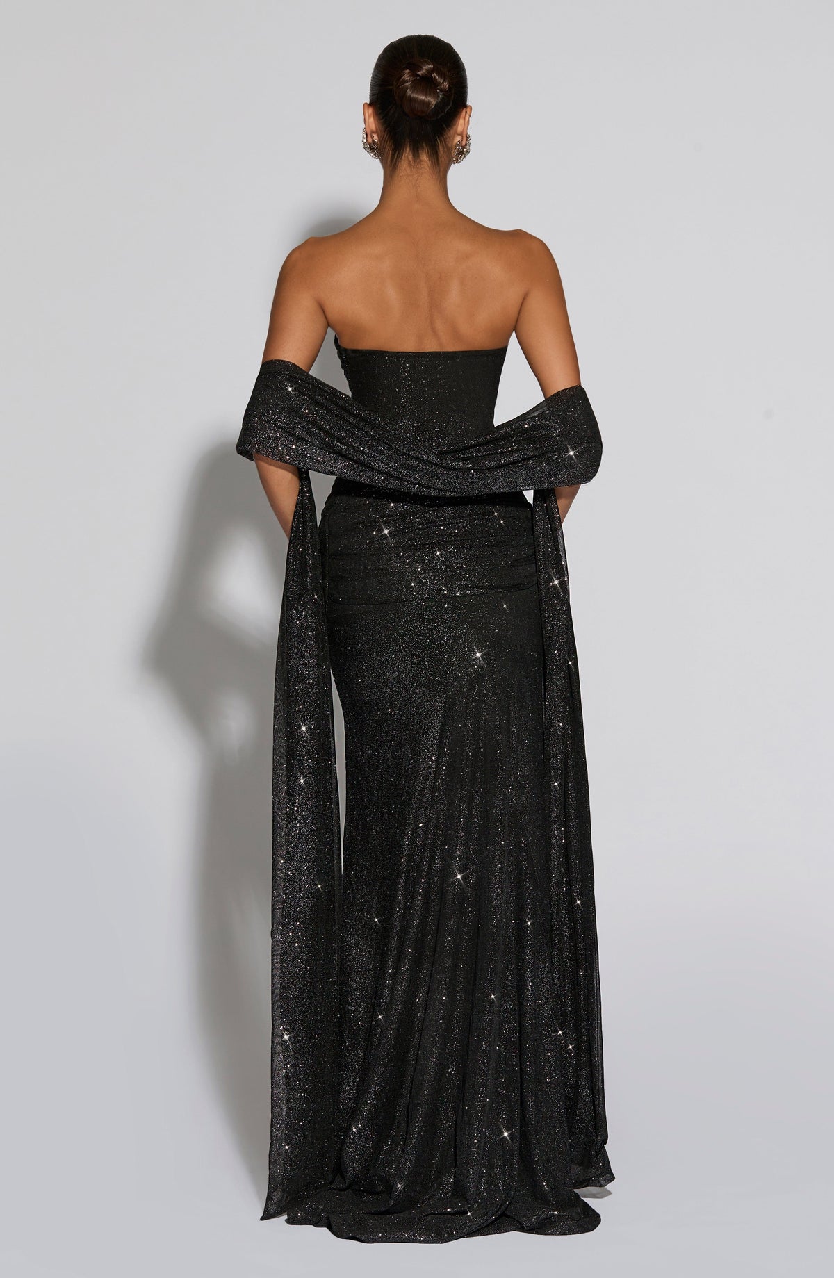 L.F Women's Dress Ruched Fit and Flare Black Sparkle Glitter Mesh Evening