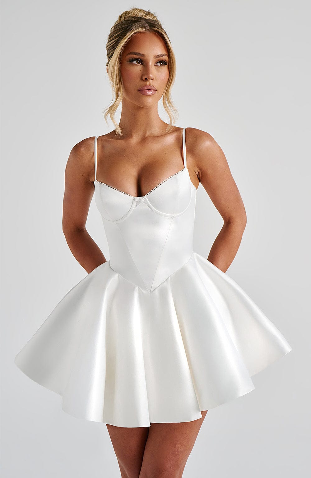 C.F Women's Dress Poppy Mini Ivory Stretch Satin Party