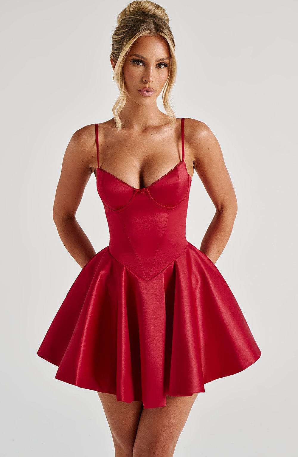 Poppy Women's Dress Mini Red Stretch Satin Party
