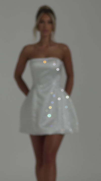 R.F Women's Dress Paloma Bubble Hem Ivory Embellished Satin Party