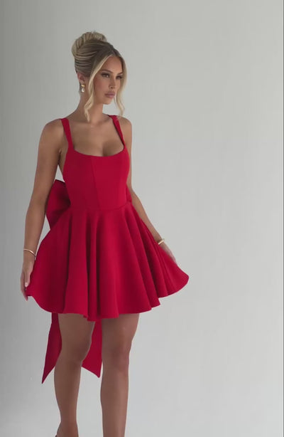 M.T Women's Dress Rue Square-Neck Red Tulle Bow Party