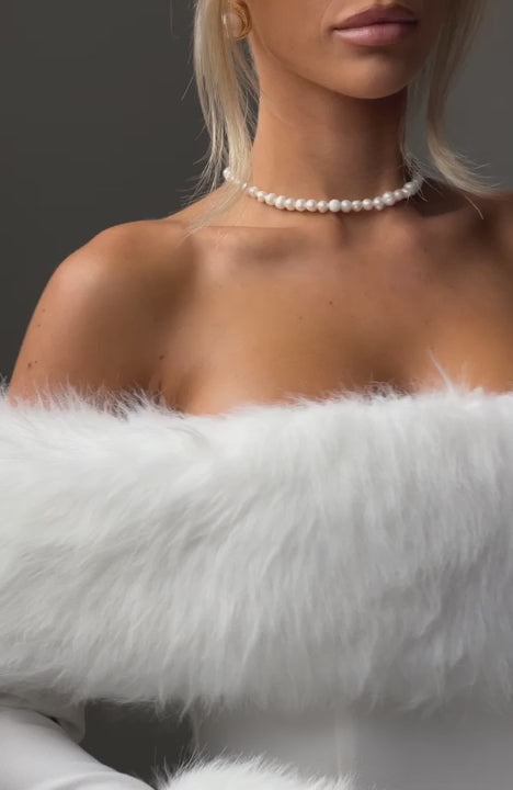 M.T Women's Dress Bardot Bubble Hem Ivory Faux Fur Party