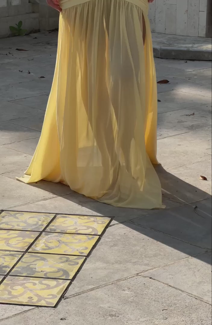 L.F Women's Dress Maxi Bardot Lemon Mesh Party