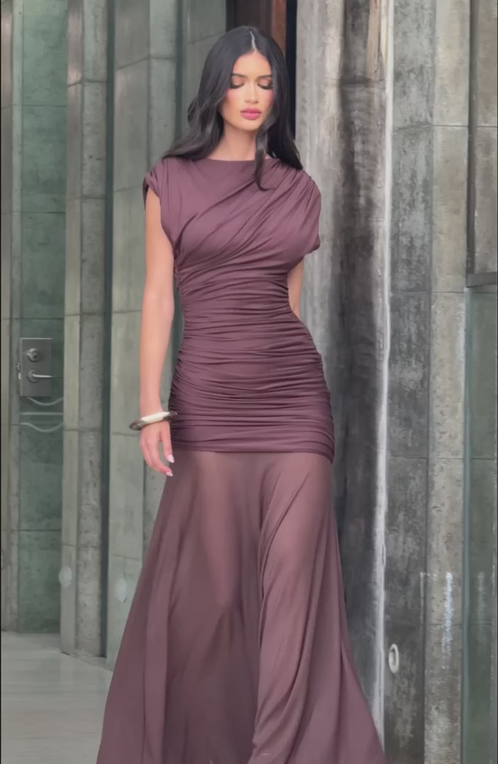 L.F Women's Dress Flare Demelza Plum Brown Ruched Mesh Formal