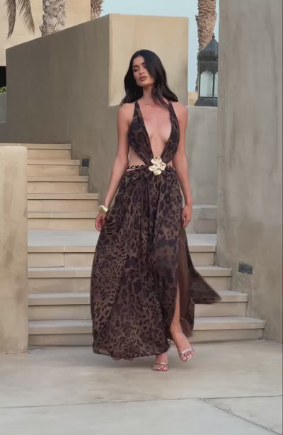 Indianna Women's Dress Maxi Leopard Print Chiffon Evening