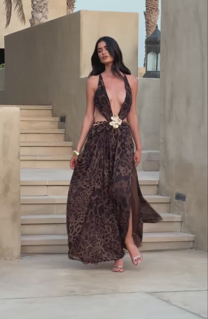 Indianna Women's Dress Maxi Leopard Print Chiffon Evening