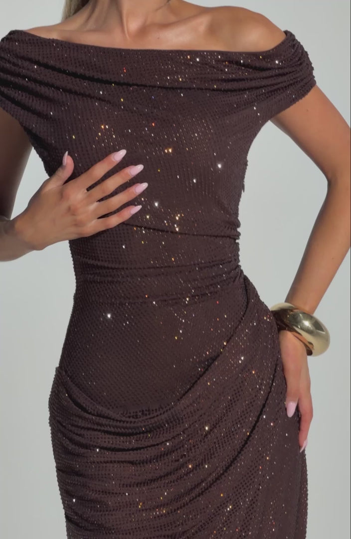 T.X Women's Dress Ottilie Maxi Plum Brown Rhinestone Mesh Formal Evening