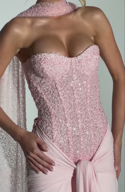 R.F Women's Dress Corset Maxi Blush Embellished Mesh Evening