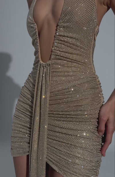 L.F Women's Dress Rosetta Mini Gold Sparkle Rhinestone Mesh Party