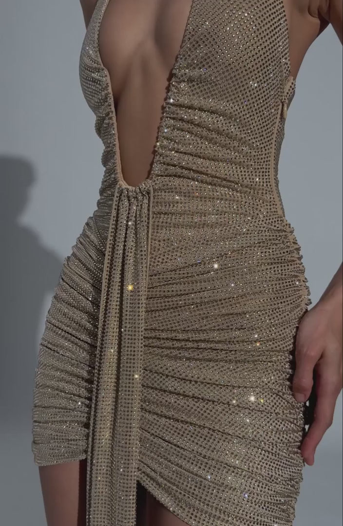 L.F Women's Dress Rosetta Mini Gold Sparkle Rhinestone Mesh Party