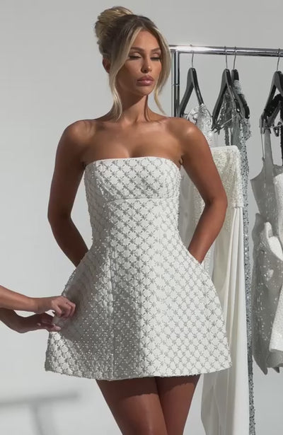 R.F Women's Dress Beatrice Strapless Bubble Hem Ivory Pearl Crepe Party