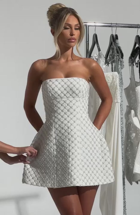 R.F Women's Dress Beatrice Strapless Bubble Hem Ivory Pearl Crepe Party
