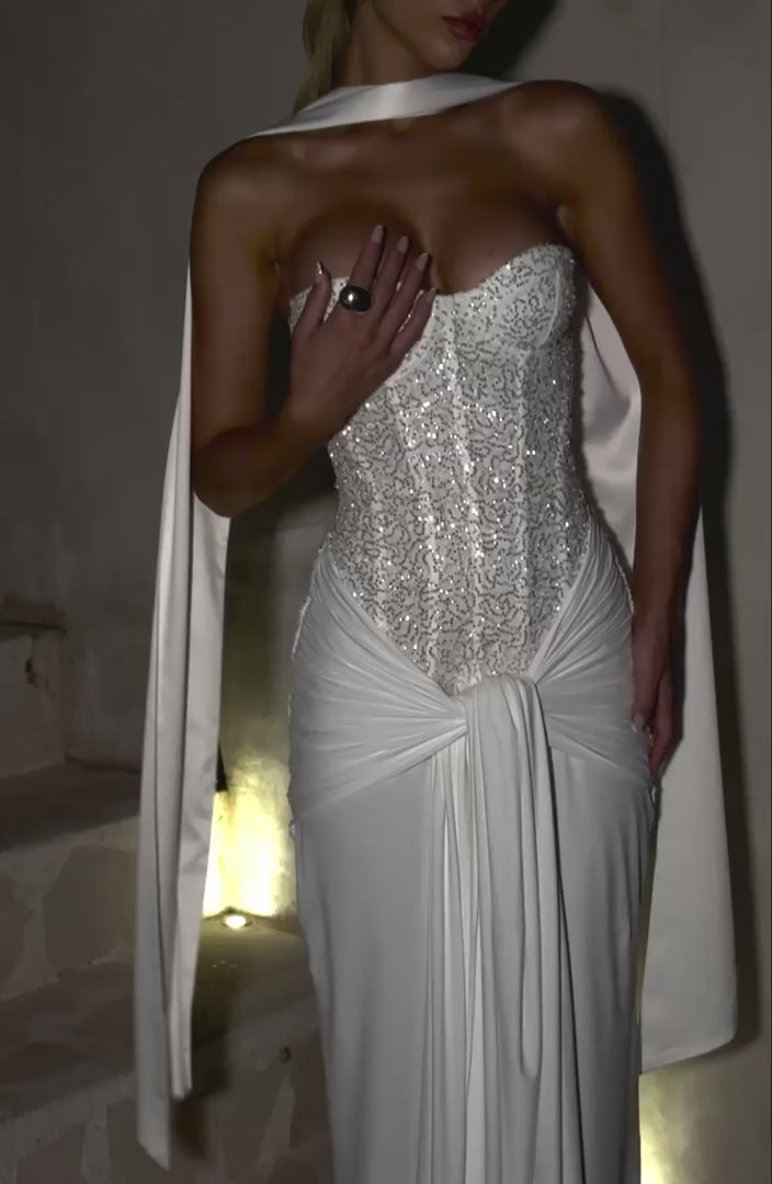Women's Dress Carina Strapless Maxi Ivory Beaded Mesh Evening