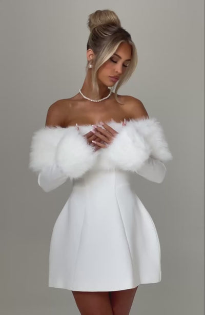 M.T Women's Dress Bardot Bubble Hem Ivory Faux Fur Party