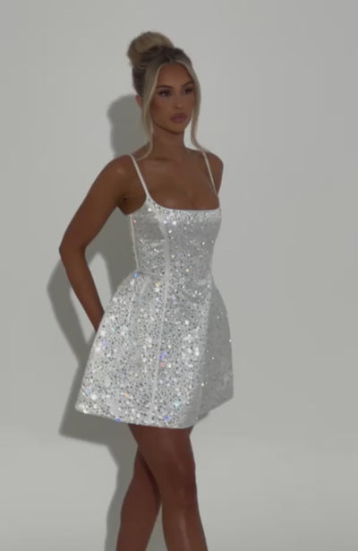 L.F Women's Dress Angelique Mini Square-Neck Ivory Rhinestone Satin Party