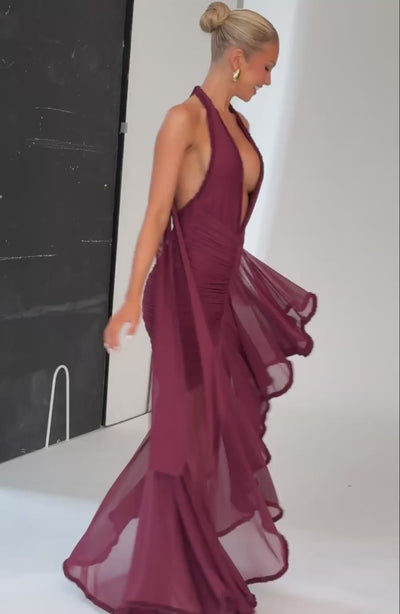 L.F Women's Dress Plunge Maxi Cherry Lacquer Stretch Mesh Evening