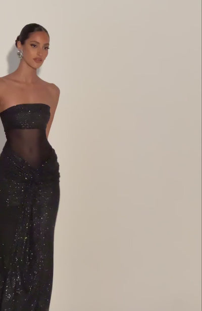 L.F Women's Dress Ruched Fit and Flare Black Sparkle Glitter Mesh Evening