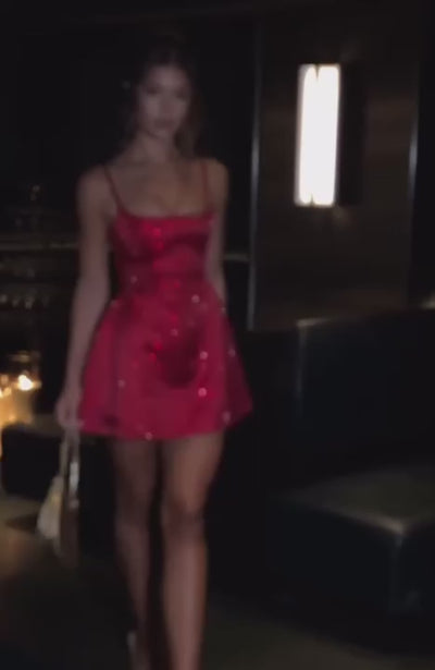 L.F Women's Dress Bubble Hem Red Satin Rhinestone Party