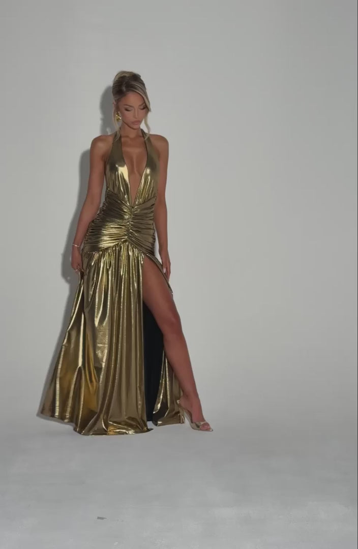 L.F Women's Dress Melania Maxi Gold Metallic Coated Jersey Formal