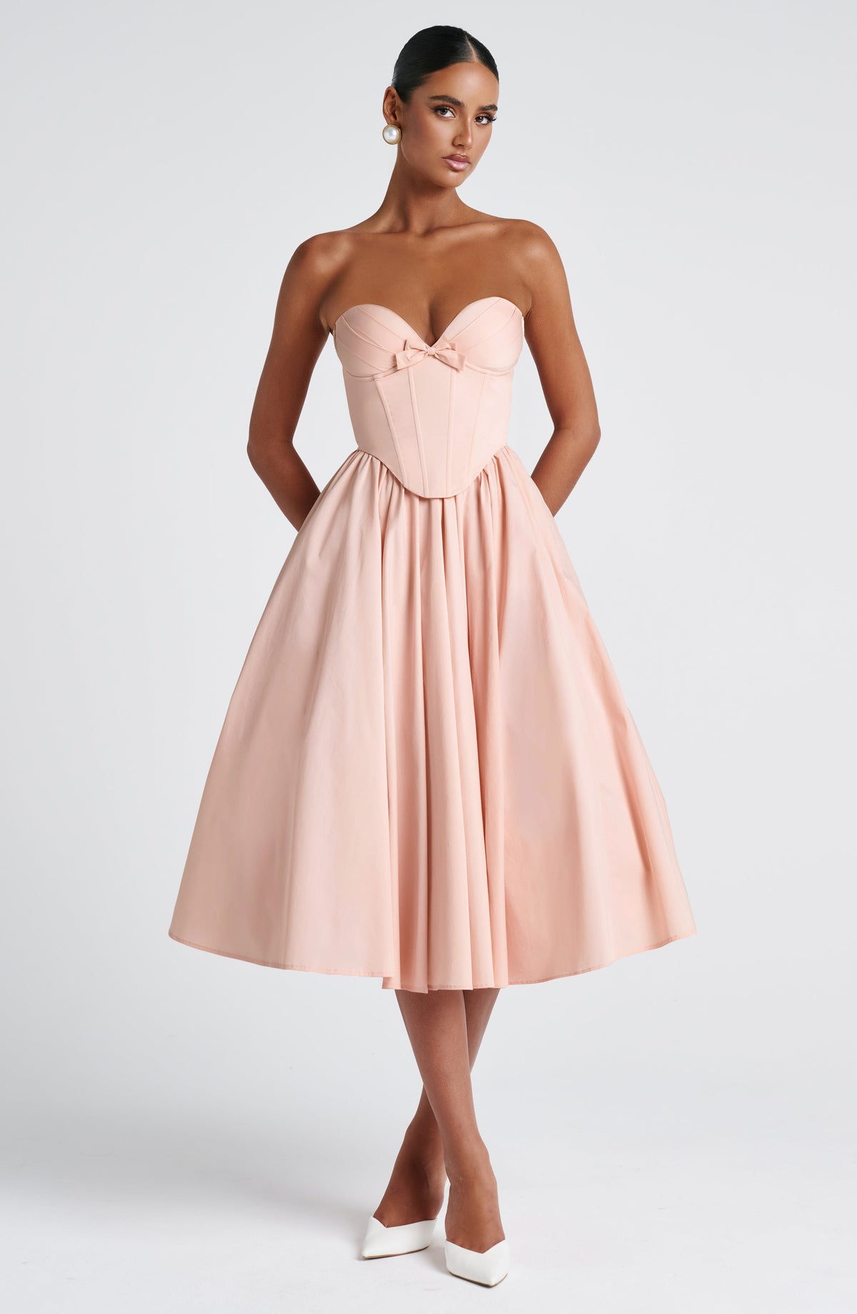 M.T Women's Dress Prim Corset Midi Soft Peach Bow Cocktail Evening