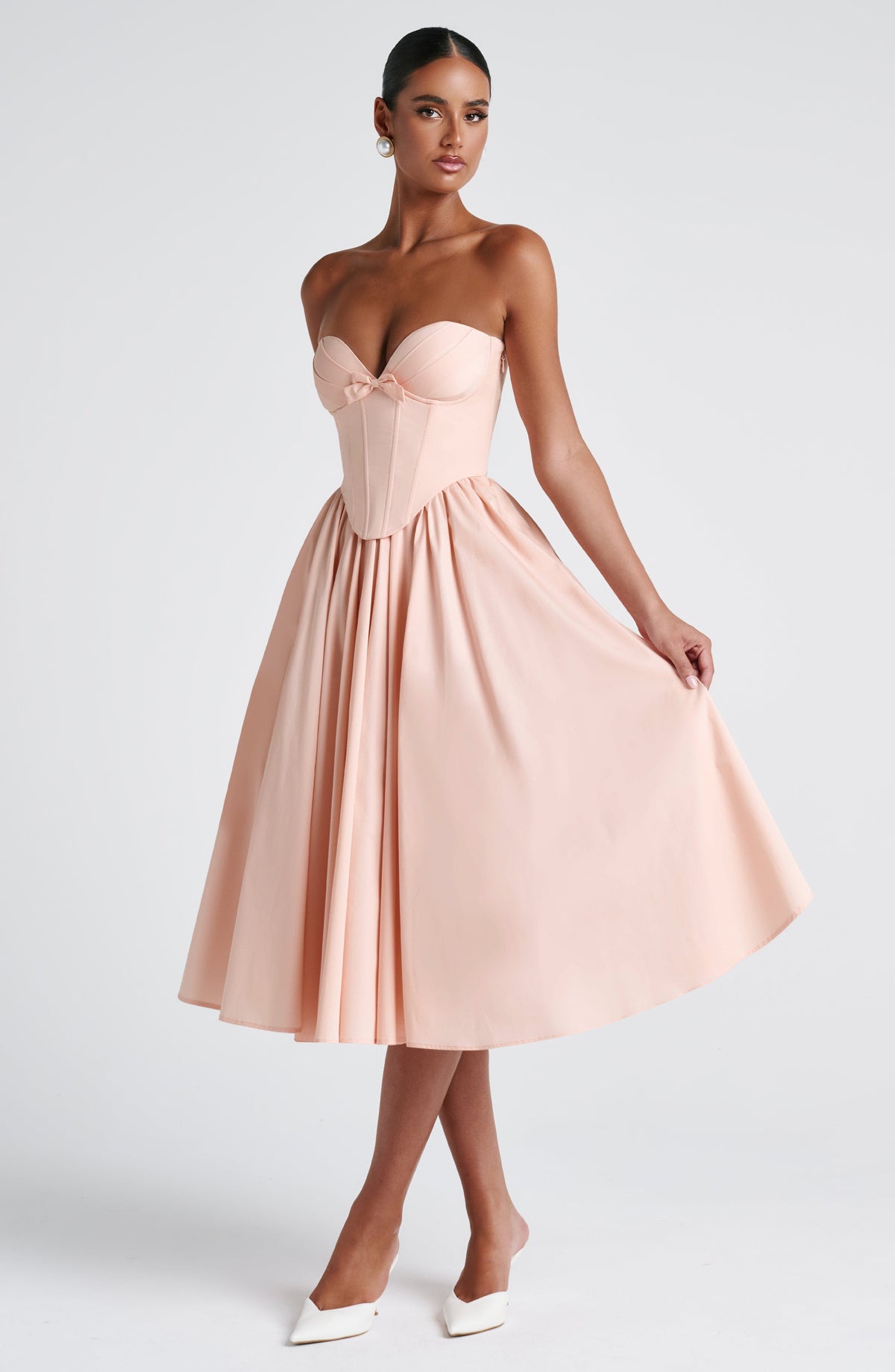 M.T Women's Dress Prim Corset Midi Soft Peach Bow Cocktail Evening