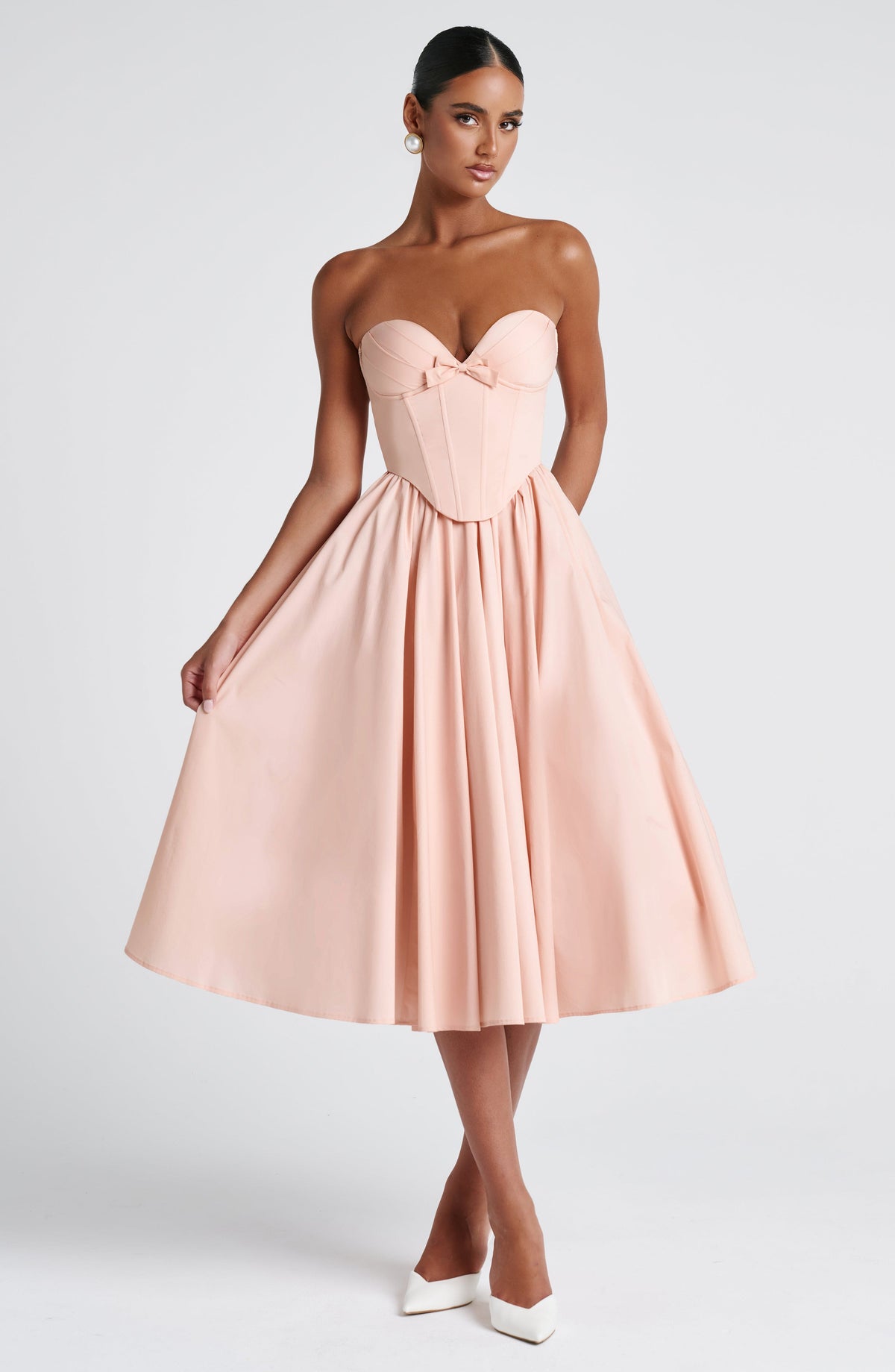 M.T Women's Dress Prim Corset Midi Soft Peach Bow Cocktail Evening