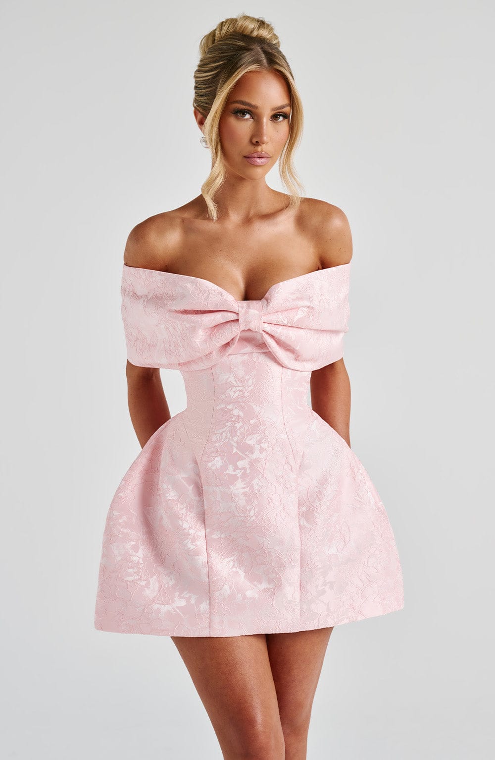 K.Y Women's Dress Bardot Mini Blush Jacquard Cocktail
