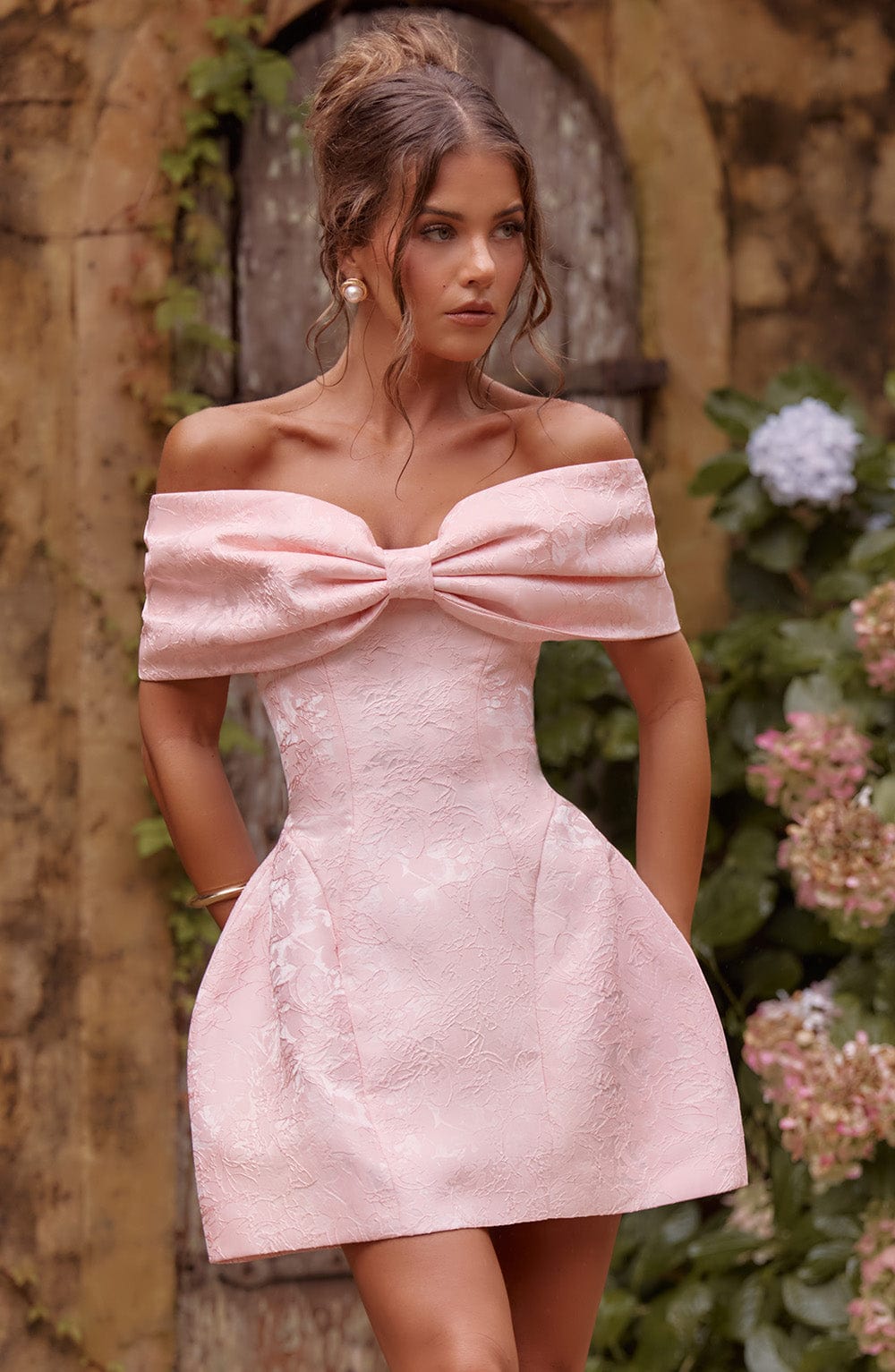 K.Y Women's Dress Bardot Mini Blush Jacquard Cocktail