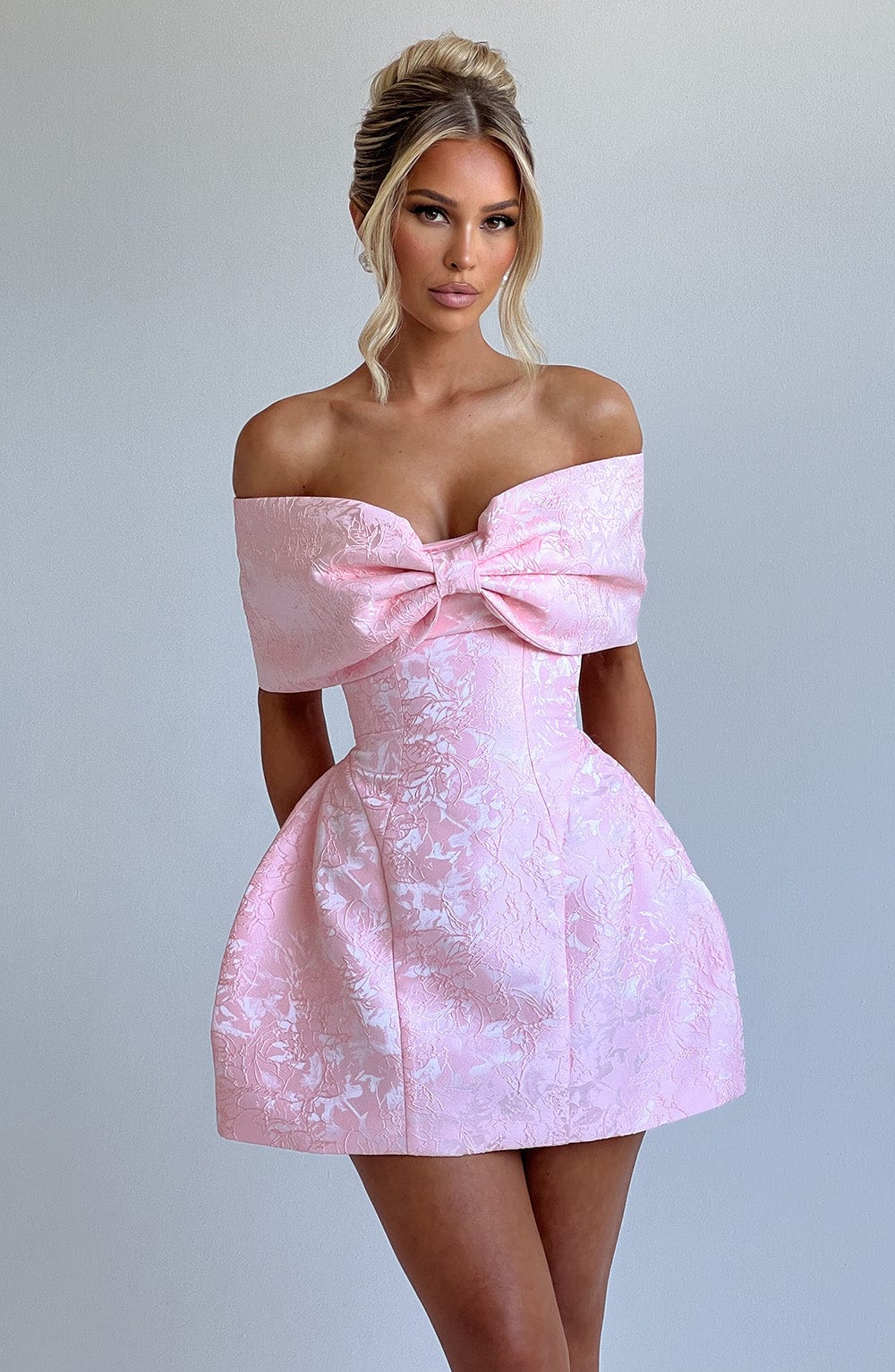 K.Y Women's Dress Bardot Mini Blush Jacquard Cocktail
