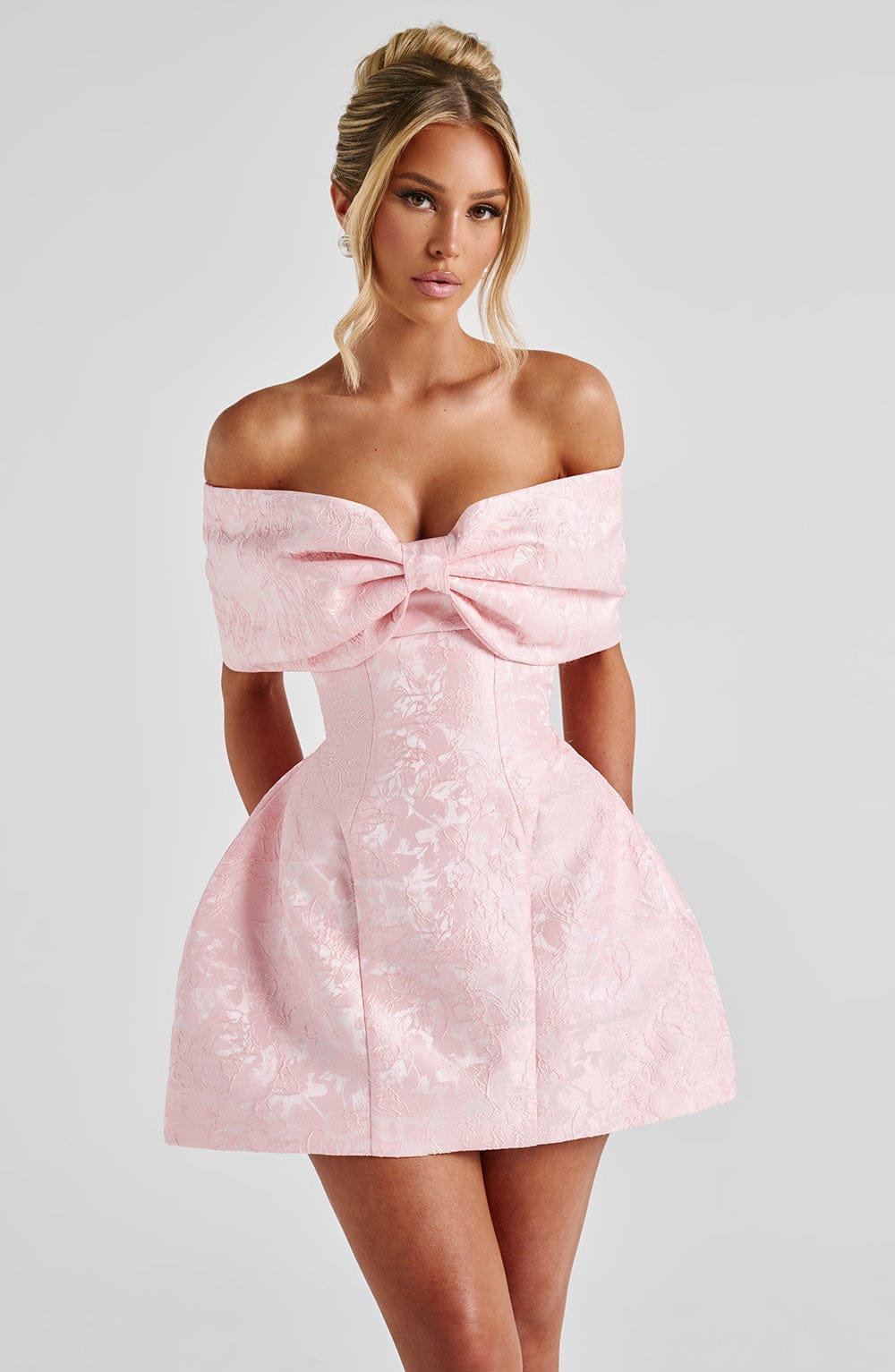 K.Y Women's Dress Bardot Mini Blush Jacquard Cocktail