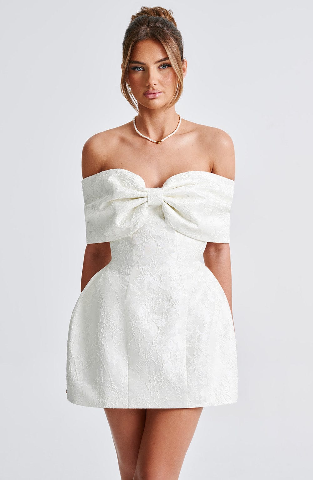 K.Y Women's Dress Bardot Mini Ivory Jacquard Bow Bridal Party