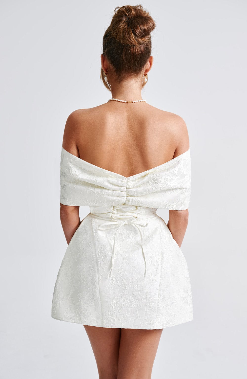 K.Y Women's Dress Bardot Mini Ivory Jacquard Bow Bridal Party