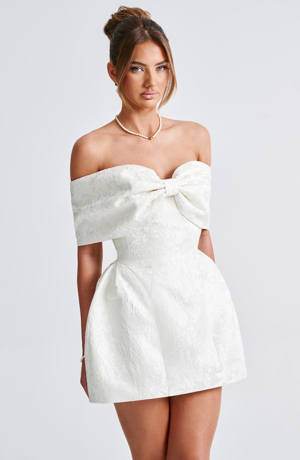K.Y Women's Dress Bardot Mini Ivory Jacquard Bow Bridal Party