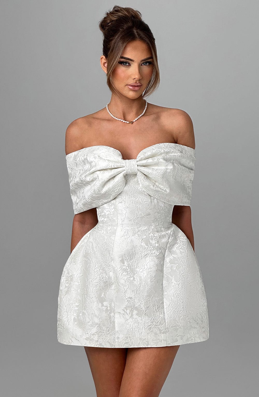 K.Y Women's Dress Bardot Mini Ivory Jacquard Bow Bridal Party